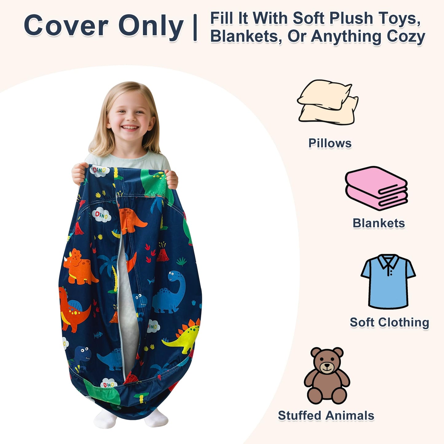 Lukeight Dinosaur Stuffed Animals Storage Bean Bag Chair Cover for Kids Toddlers, Cozy Velvet Plush Toy Organizer Seat, Cover Only, No Filling Included, Long YKK Zipper, Side Pocket, Large 27 x 16 in