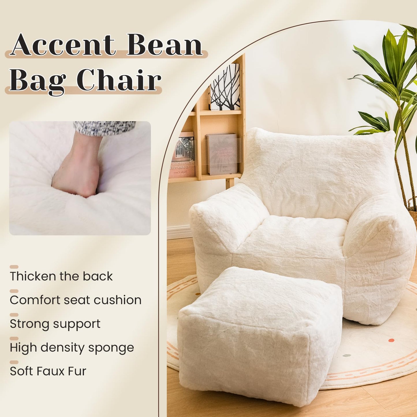 Cvortll Bean Bag Chair with Ottoman, Armrest Bean Bag Chairs with Filler, Ultra Soft Fluffy Faux Fur Bean Bag Chair with Foot Rest, Plush Lazy Sofa with Foot Stool for Living Room, Dorm
