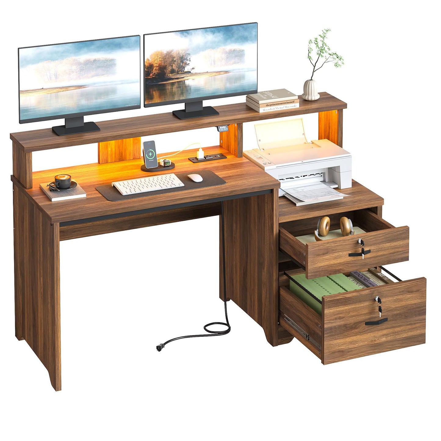 Bestier 55 Inch Wood Computer Desk with Lockable File Drawer, Charging Station & LED Lights - Home Office Desk with Storage Shelves, Printer Shelf & Monitor Stand, Wooden Desk for Study & Work, Walnut