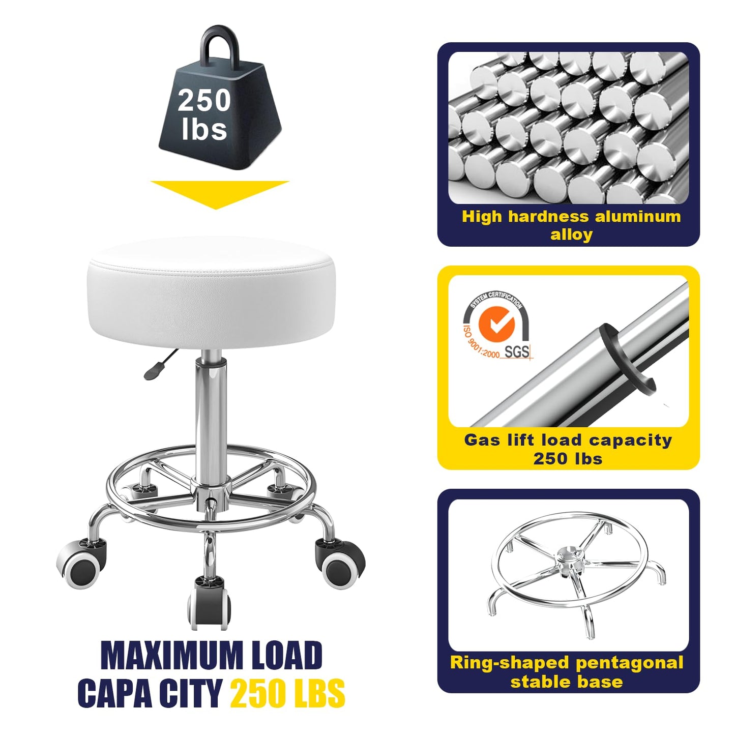 Rolling Stool With Heavy Weight Capacity 250lb, PU Leather Seat, Wheels and Footrest - Ultra Soft Padded, 360 Swivel for Spa, Drawing, Salon, Work, Office, Tattoo (White)