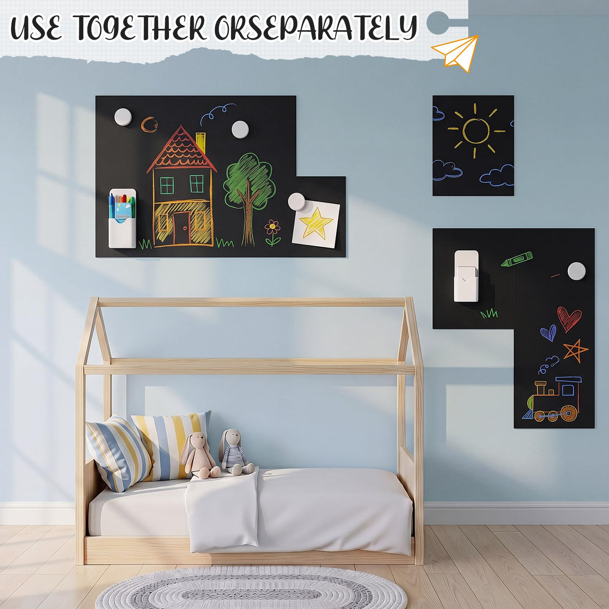 Poola Voidra 40" x 24" Magnetic Wall Decal, 8 Pcs Peel and Stick Magnetic Contact Paper with Chalk Eraser and Magnet Storage Boxes, Drawing Modular Board for Playroom Classroom Home(Black)
