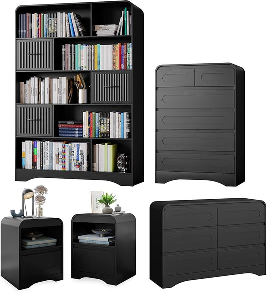 5 Piece Bedroom Sets, Modern Dresser and Nightstand Sets & Bookshelf