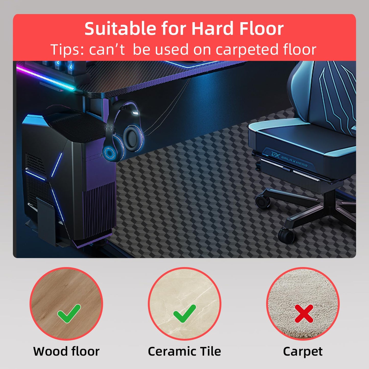 AiBOB Gaming Chair Mat for Hardwood Floors - 48"x36" Office Chair Mat for Hard and Tile Floor | Anti-Slip Protector Mat | Computer Desk Floor Mat for Rolling Chairs, Not for Carpet