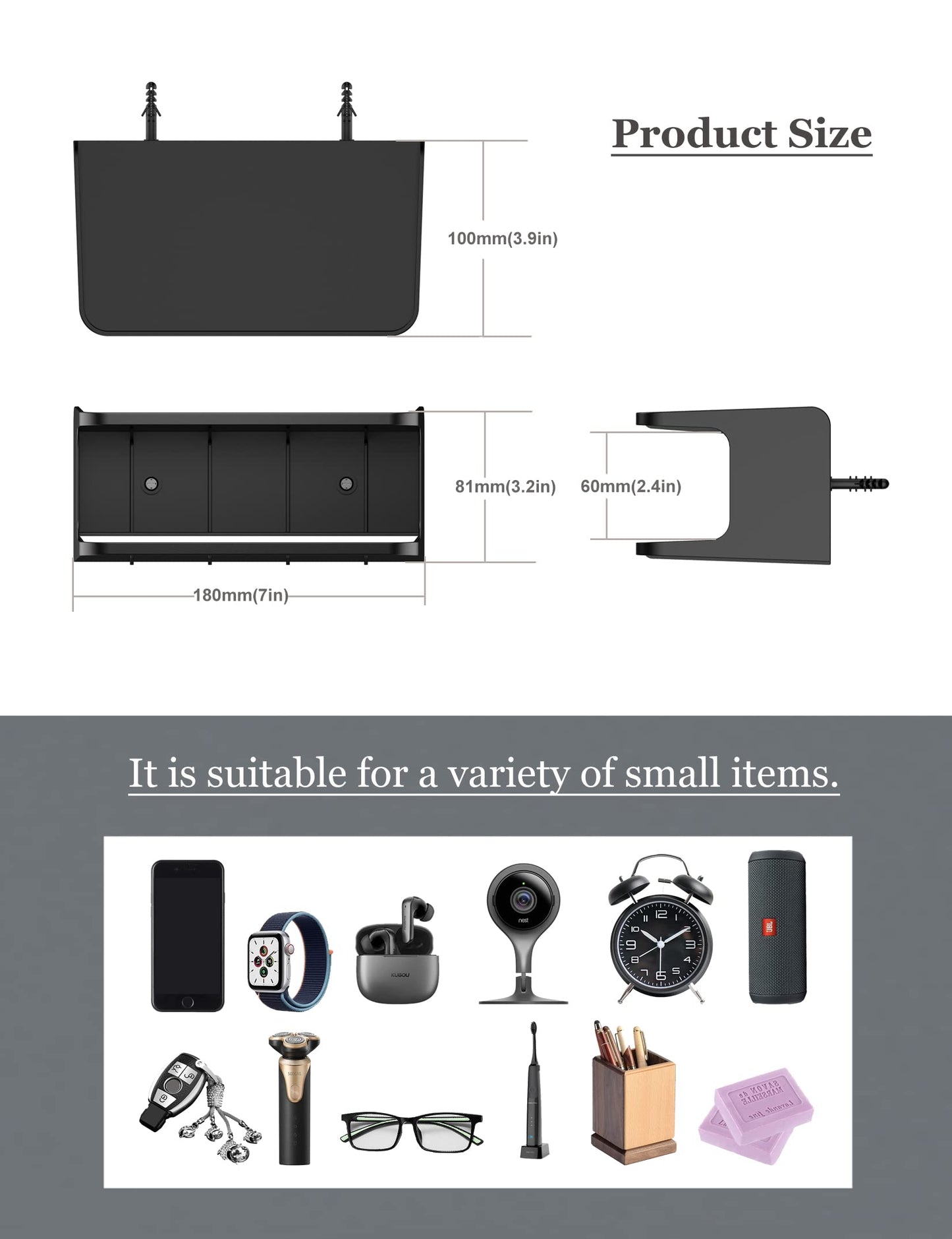 NOTMBESTM Bedside Wall Shelf Organizer Small Bedside Shelf Wall Mount for Bed Universal Stick on Wall Shelf Double Tray Holder for Storing Cellphone, Glasses, Keys, Camera, Alarm Clock (Black)