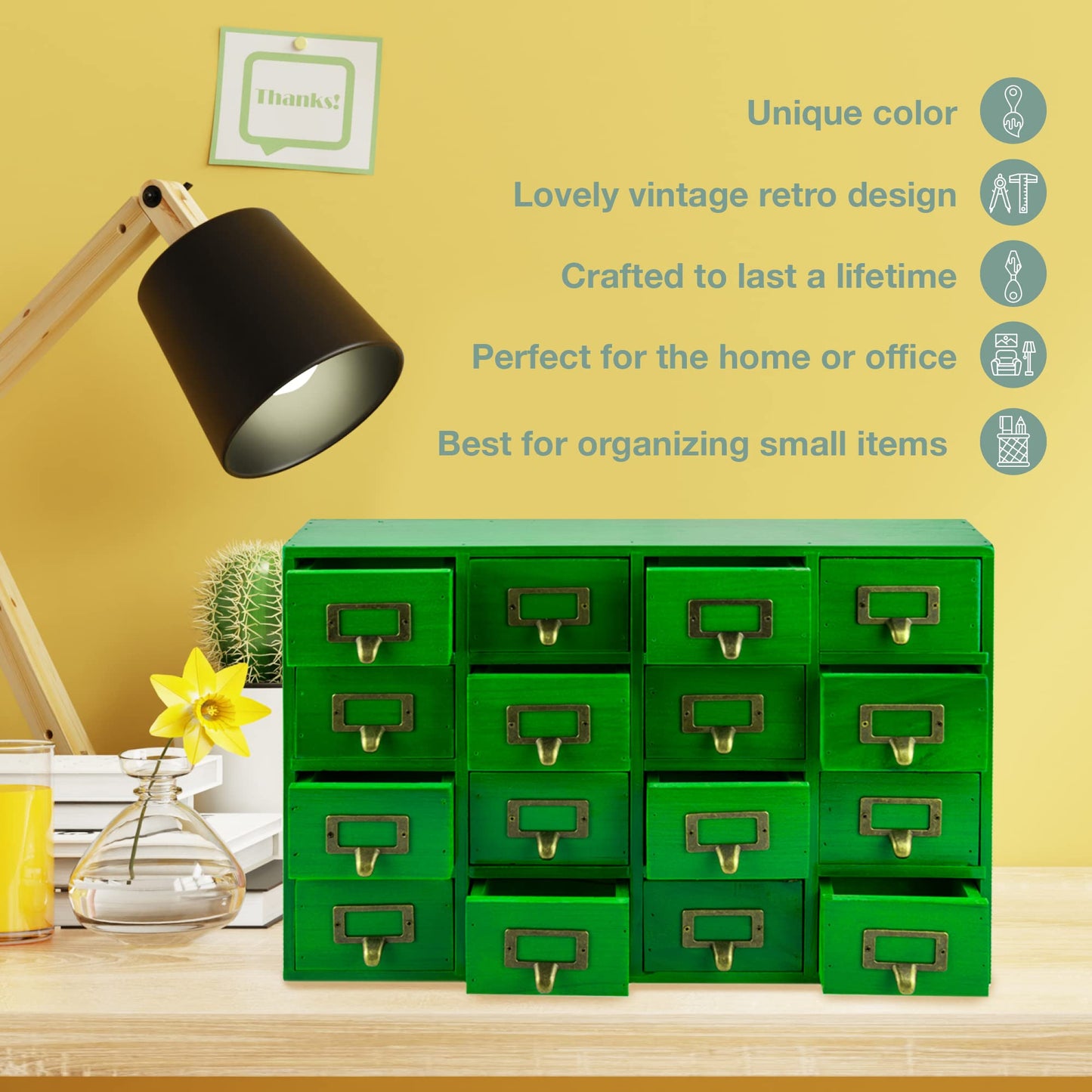 Emerald Green Wood 16-Drawer Apothecary Small Cabinet - 20"x3.6”x14” Card Catalog Style Table Top Organizer - Wooden Storage Box w/16 Drawers - 4-Level Countertop Organizer w/Label Holders & Handles
