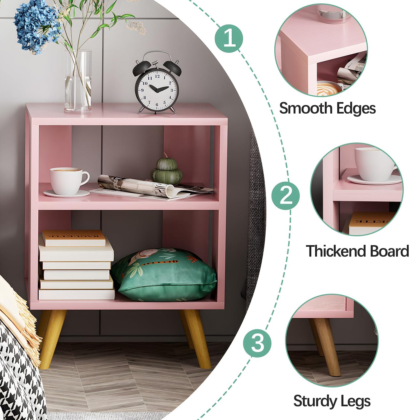 Aenuert Night Stand, Pink Kids Nightstand, Modern End Table with Open Storage, 2-Tier Nursery Bedside Table for Small Space, Living Room, Bedroom