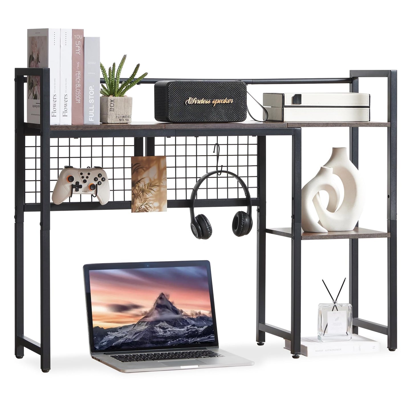 Grecodown 4-Tier Desk Hutch Shelf with Grid Panel, 39” Desktop Bookshelf for Monitor, Office & Home (Rustic Brown, 39")