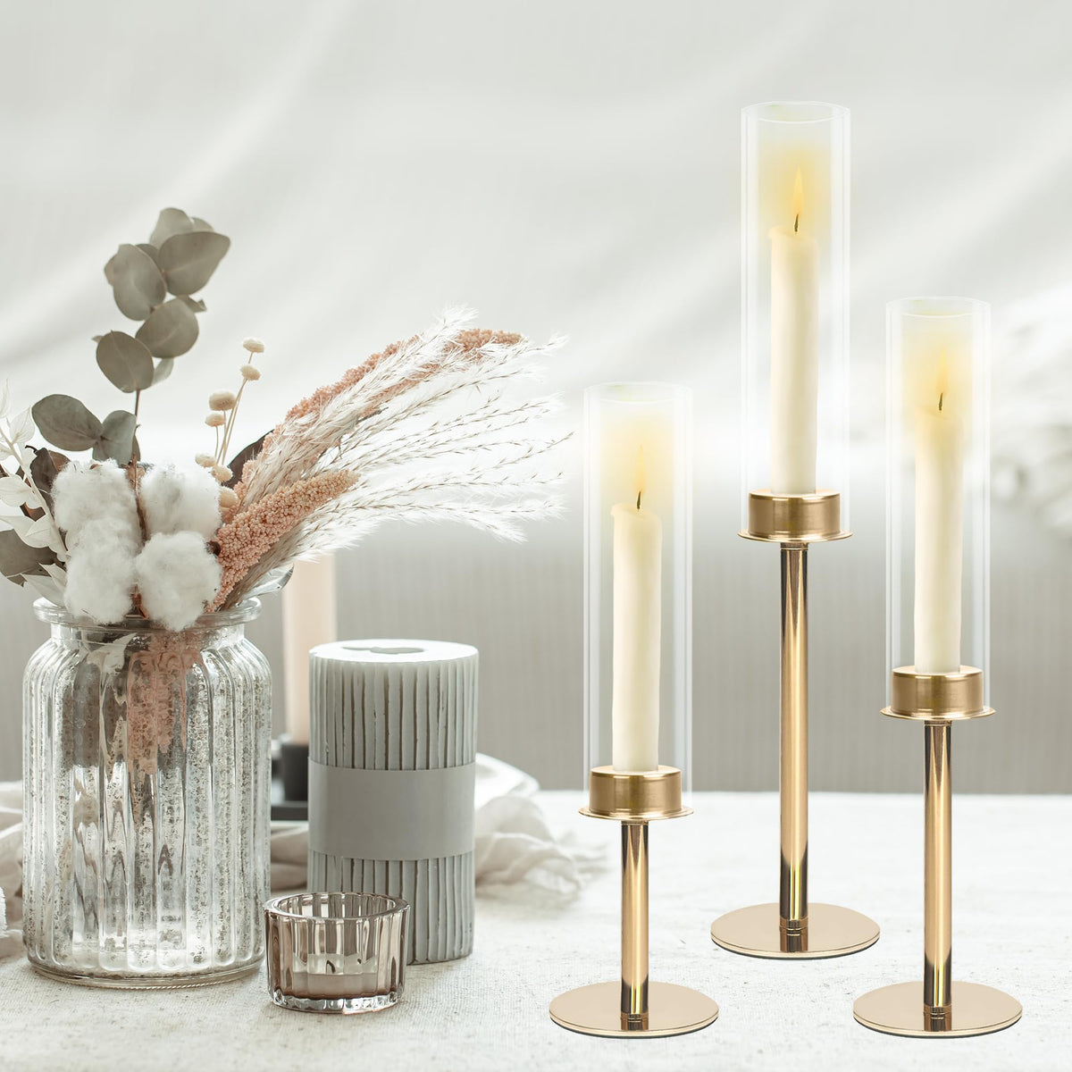 QTRQTR 3 PCS Gold Hurricane Candle Holders Fluted Glass Candlestick Holder