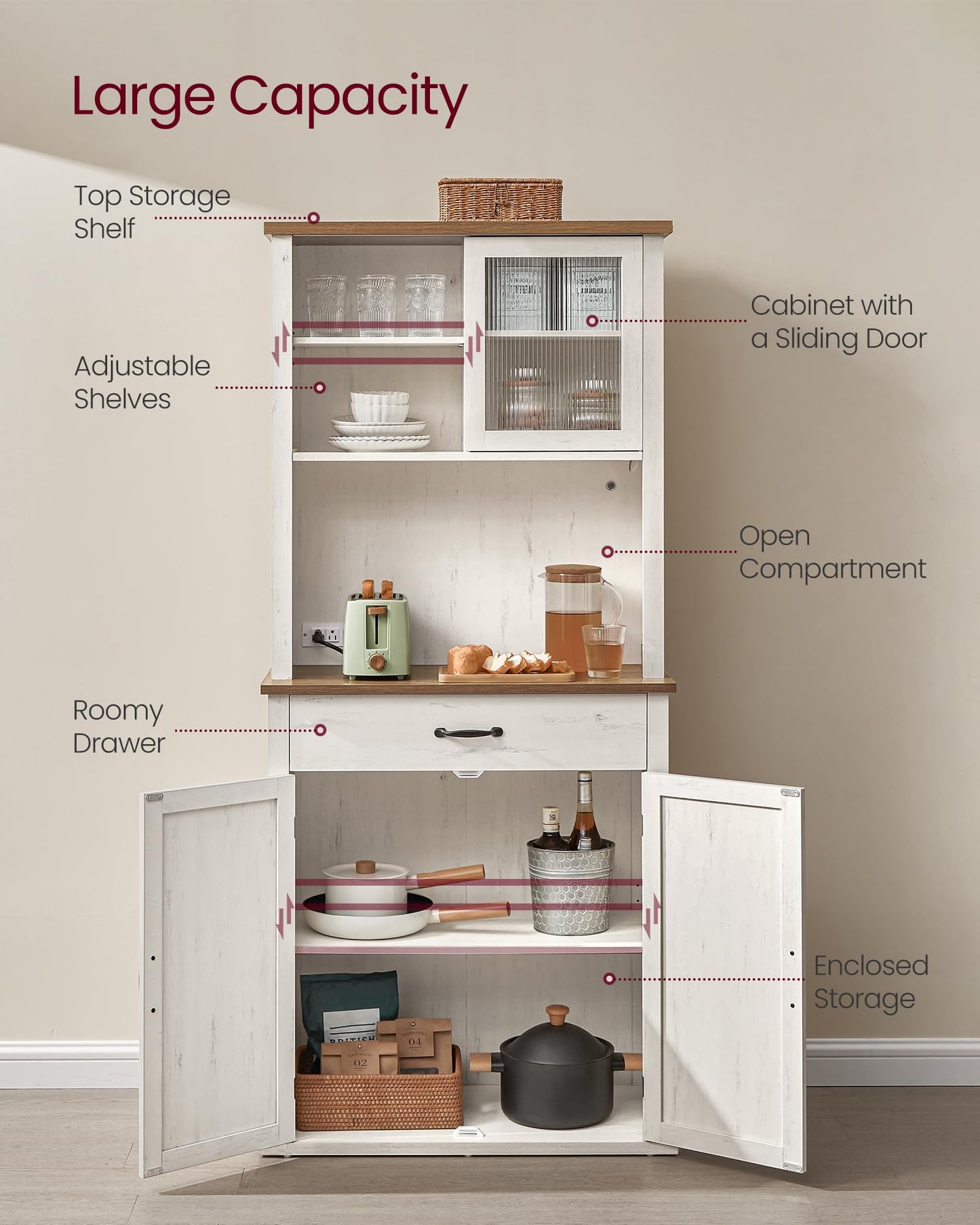 VASAGLE LIRY Collection - 71-Inch Tall Kitchen Pantry Cabinet with Lights and Charging Station, Coffee Bar Cabinet with Doors and Drawer, Farmhouse Style, Adjustable Shelves, Rustic White UBBK363W12