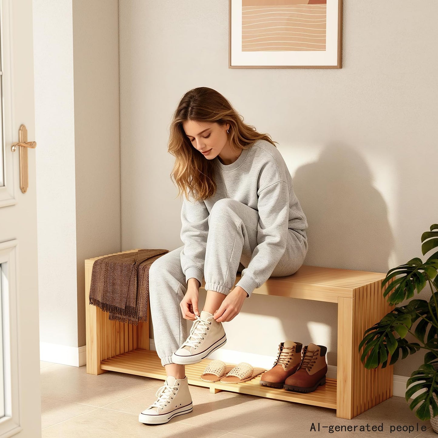 Bamboo Bench with Shelf, 35-in Entryway Bench Seat for Indoor, Natural