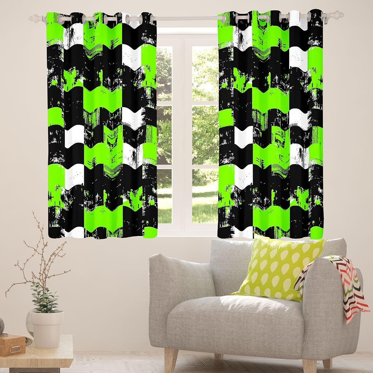 Feelyou Abstract Blackout Curtains Green Black White Darkening Drapes for Bedroom Room Decor Buffalo Check Plaid Thermal Insulated Shades Geometric Window Treatments, 2 Panels 38 x 45 Inch