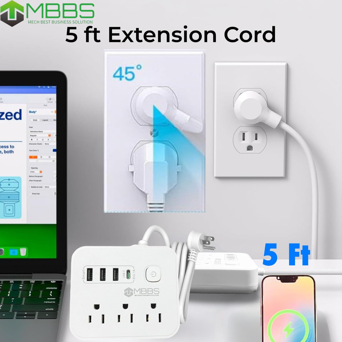 Surge Protector Power Strip with USB C, Heavy Duty Extension Cord – (7-in-1) 3 AC Outlets, 4 USB Ports, LED On/Off Switch – Compact & Travel Friendly – Home, Office. (5ft)