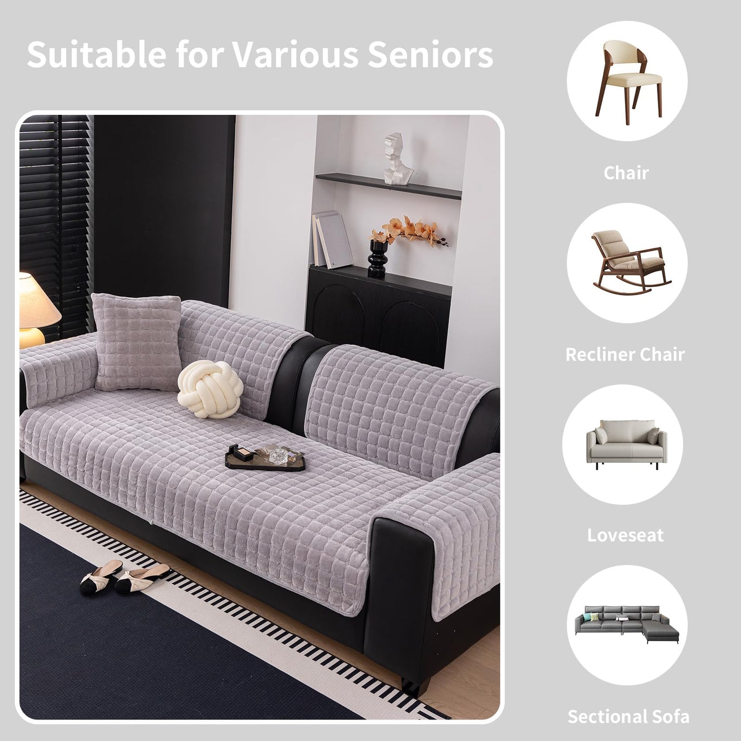 MDSASFD Velvet Couch Cover, Washable Sectional Sofa Cover, Anti Slip Sofa Slipcovers for 3 Cushion Couch Sofa L Shaped Recliner, Furniture Protector Covers for Pets Kids(Light Grey, Only 1 PCS)