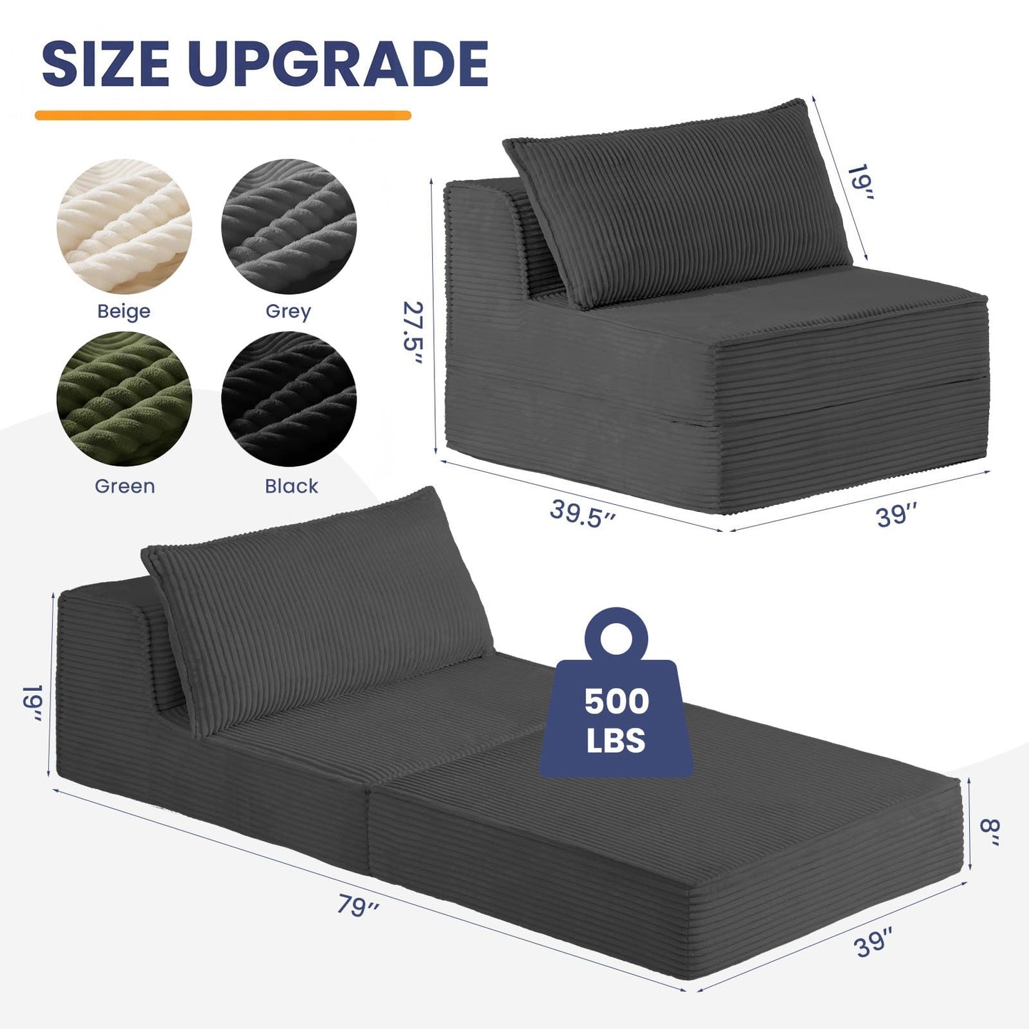 Erament Folding Sofa Bed, 8" Convertible Sleeper Sofa Fold Out Chair Bed with Pillow, Portable Floor Couch Lounge Sofa for Living Room Bedroom Guest Room, Grey
