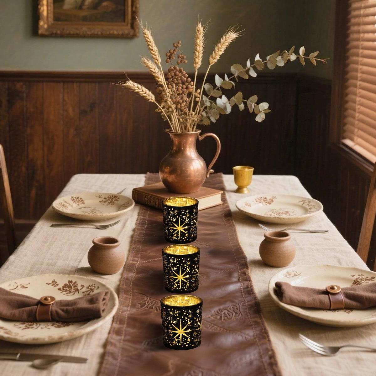 Toptime Votive Candle Holders Black and Gold, Glass Tealight Candle Holder Set of 3 with Stars Pattern, Vintage Tea Light Holders for Christmas Table Centerpiece Birthday Party Vanlentine's Day