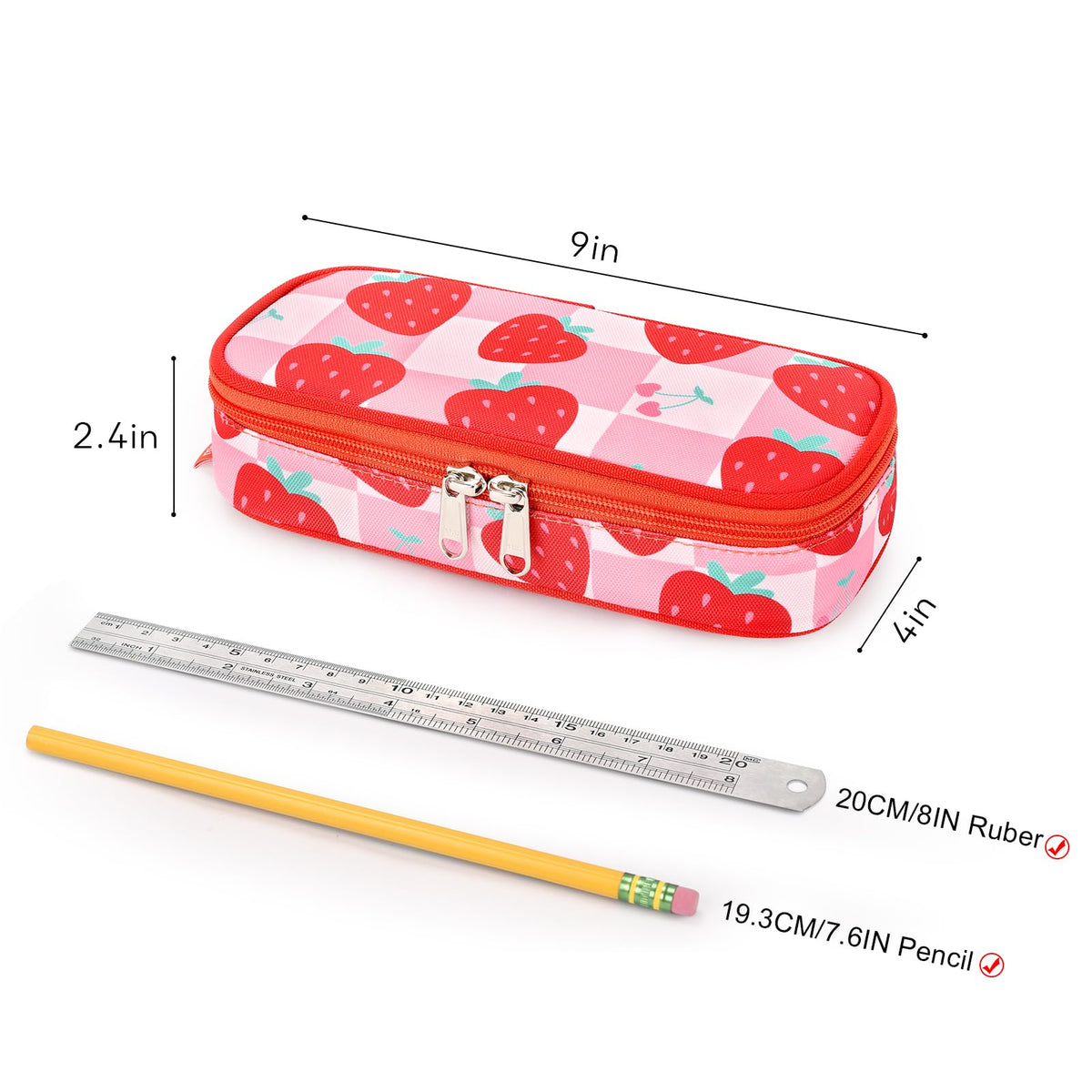 mibasies Girls Pencil Case for Kids, Multi-Slot Pencil Pouch, Strawberry Checkerboard Red