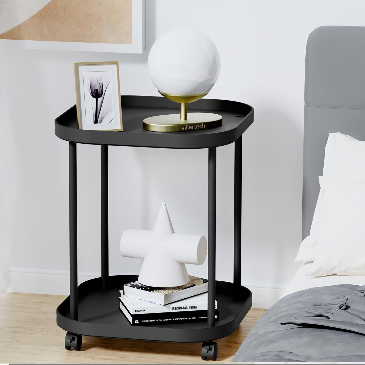 villertech Side Table with Wheels, End Table Living Room Plastic Mobile Sofa Side Table Small Night Stand Bedroom Black
