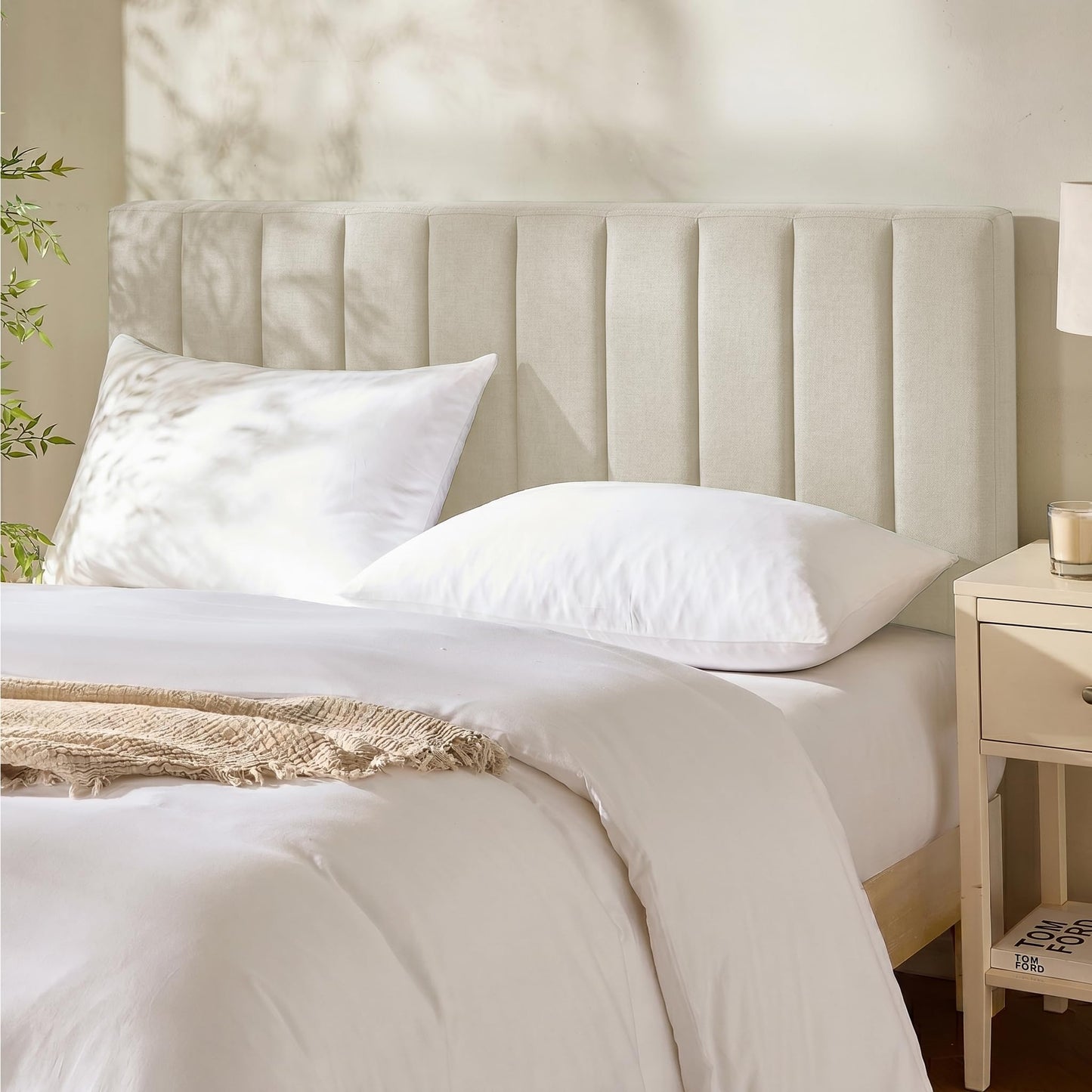 Hearth & Harbor Upholstered Queen Headboard - Easy Assemble Channel Stitched Headboard Queen Size - Wall Mounted Headboards with 3D Soundproof Wall Panels Peel & Stick Floating Headboards, Linen