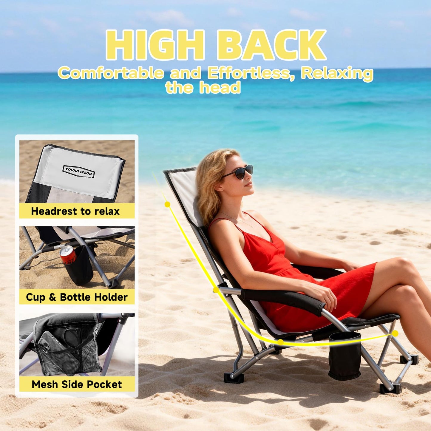 YOUNG WOOD High Beach Chair, Camping Chair, High Back Extra Wide Seat Chair with Comfortable Pillow & Storage Pocketsuitable for Adults, Children and Pets Fishing, PLoad Capacity 350lb,Black.1p