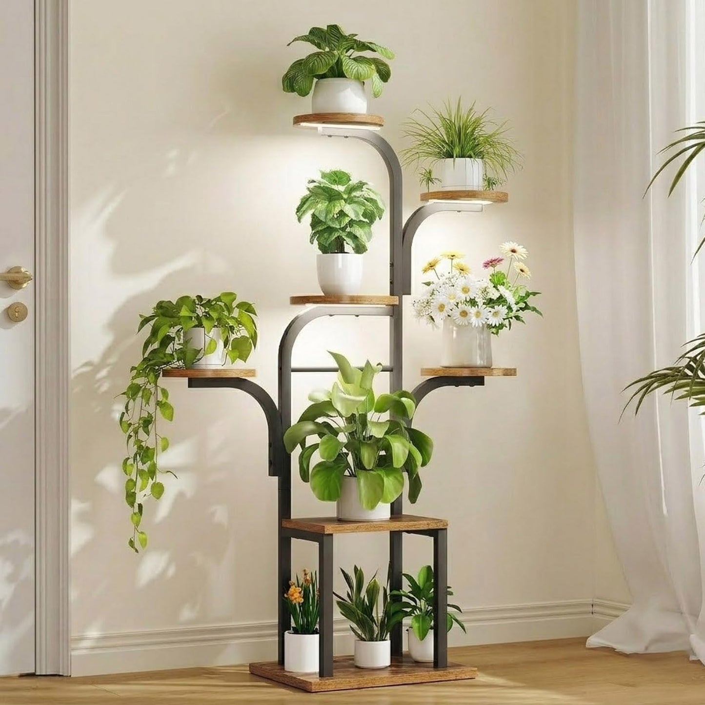 HOOBRO Plant Stand Indoor with Grow Lights, 47.2" Tall Metal Plant Shelf, 7 Tiered Corner Plant Stand for Indoor Plants, Plant Rack for Living Room Bedroom Balcony, Rustic Brown and Black BF09DHJ01