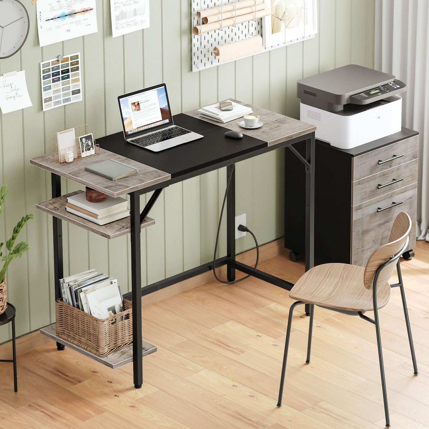 HOOBRO Small Computer Desk, Home Office Desk with Power Outlet, Writing Desk with 2 Shelves, Modern Small Desk for Home Office, Study, Easy to Assemble, Charcoal Gray and Black BG43UDN01
