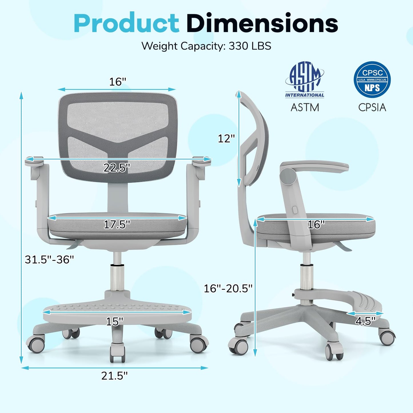 Costzon Kids Desk Chair, Student Ergonomic Computer Chair with Wheels, Footrest, Adjustable Height, Flip-up Armrests & Soft Removable Cushion, Swivel Rolling Kids Office Chair for 3-15 (Gray)