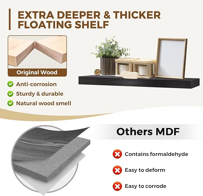 36x8x1.6 inch Floating Shelves Set of 2 – Solid Wood Rustic Black Wall Mounted