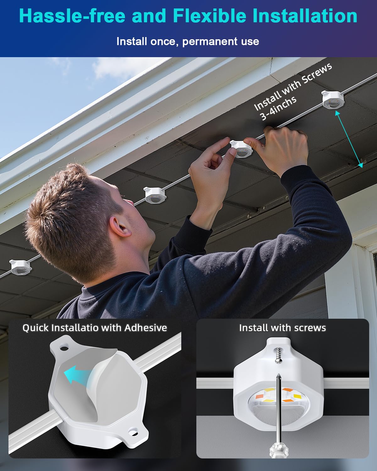 REYLAX Permanent Outdoor Lights Pro, 150ft with 108 Triple-LED 135lm, RGB+IC Smart Eaves Christmas Lights for House, IP67 Waterproof, Multi Scenes for Outdoor Decor, Works with Alexa, Google, Remote