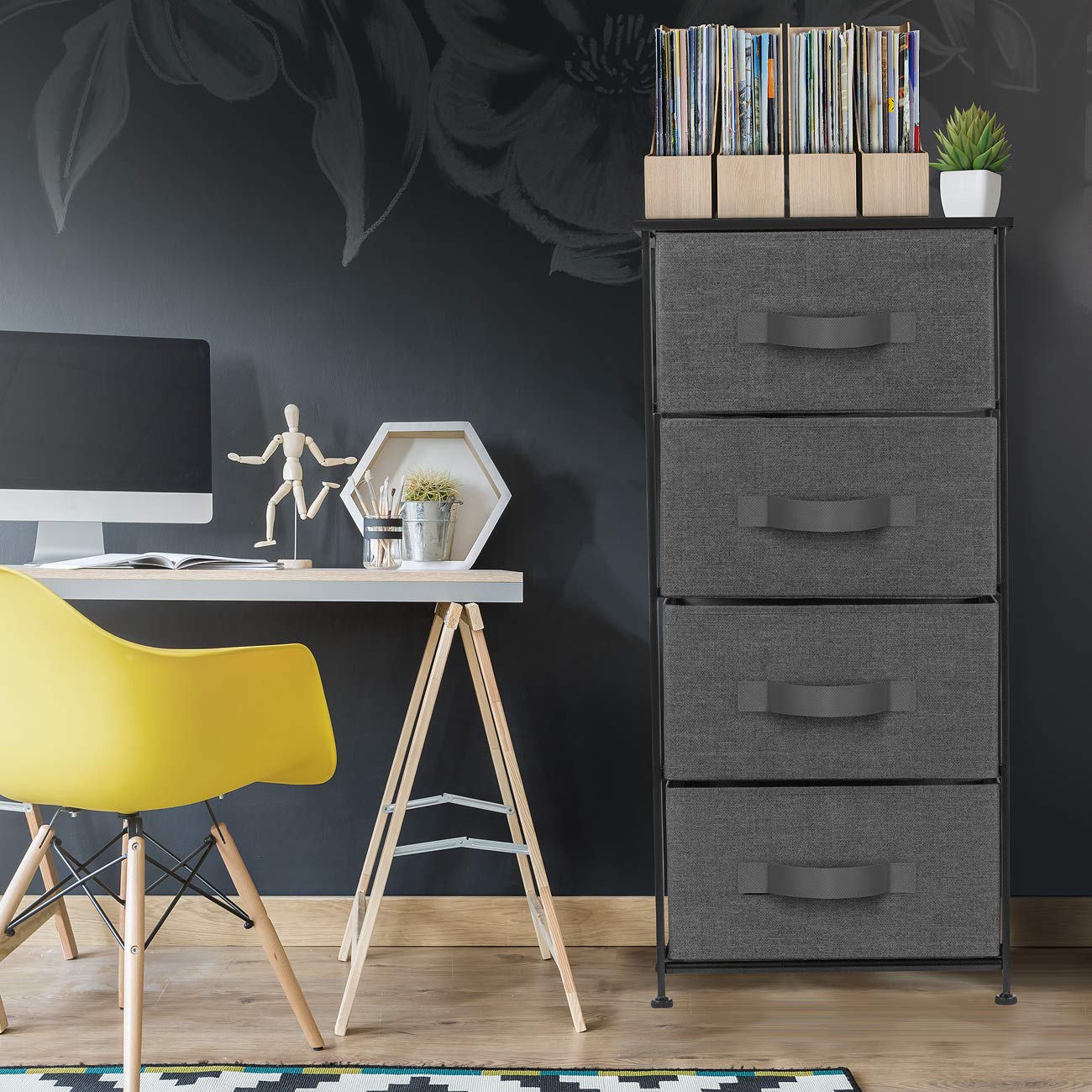 Sorbus Nightstand with 4 Drawers - Bedside Furniture & Night Stand End Table Dresser with Steel Frame, Wood Top, Easy Pull Fabric Bins for Home, Bedroom Accessories, Office & Dorm
