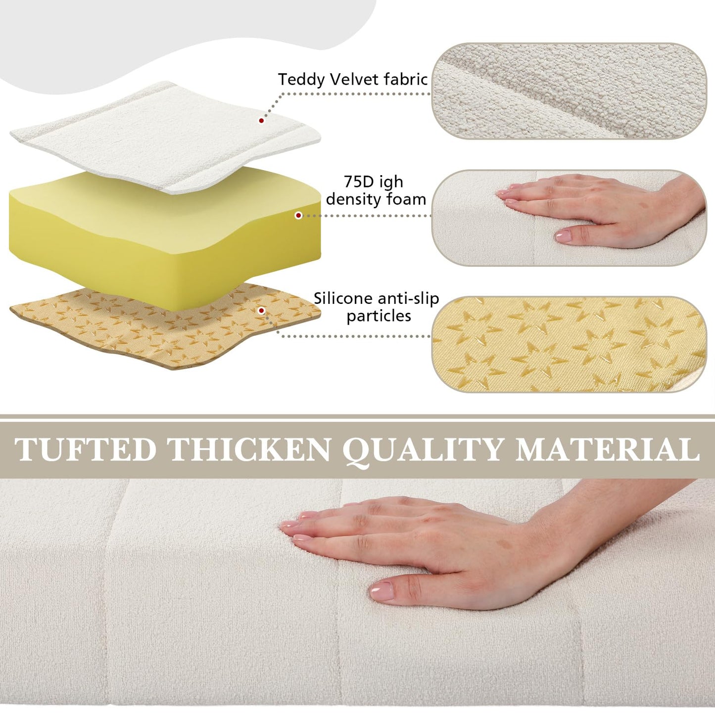 Wenqik Bench Cushion 40x20x4 Inch for Indoor Outdoor Furniture Tufted Thicken Bay Window Seat Cushion Non Slip Waterproof Dining Piano Bench Pad Pillow Anti Cat Scratch for Patio Porch Swing, Beige