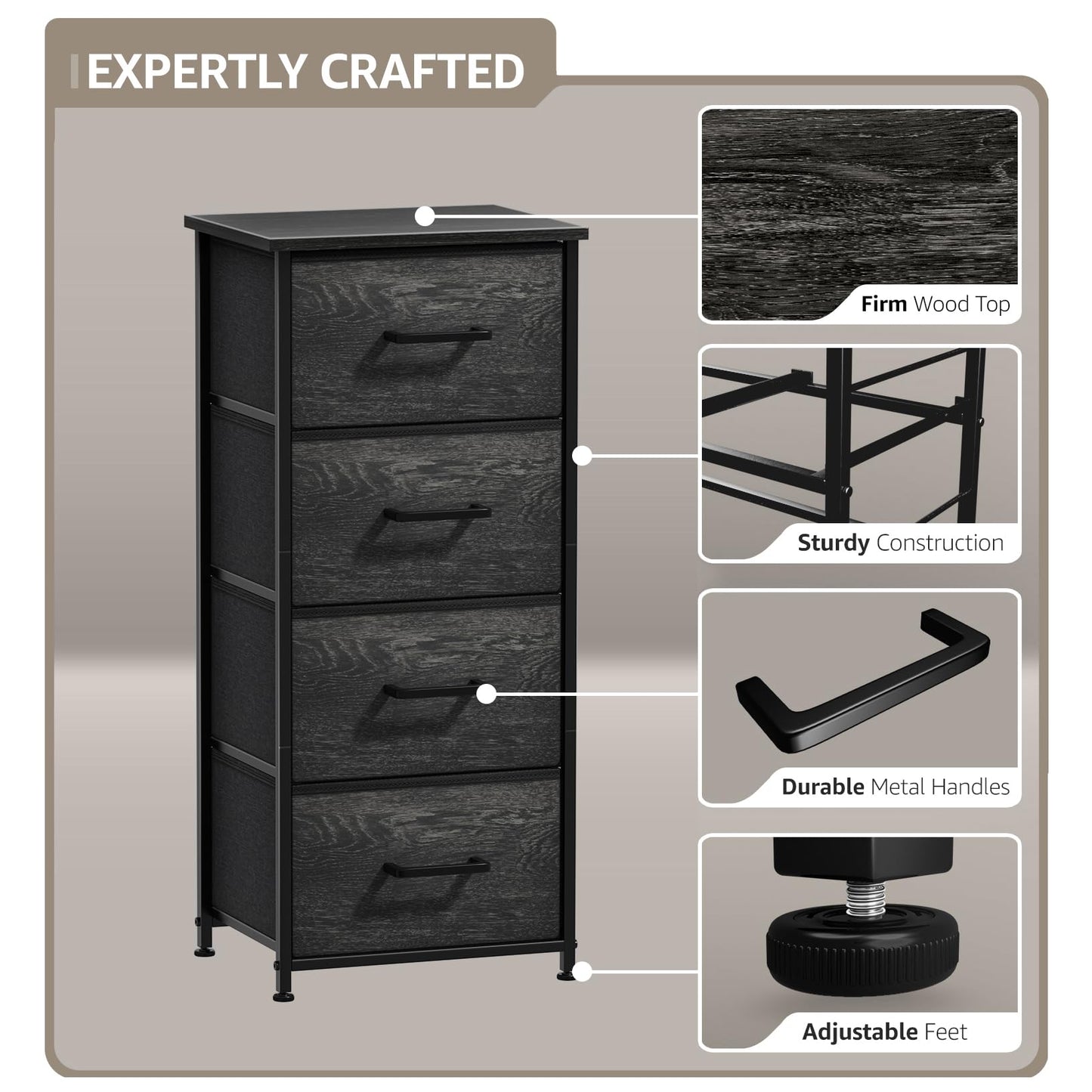 Sorbus Nightstand Dresser with 4 Faux Wood Drawers - Tall Bedside Table Chest with Storage, Steel Frame, Wood Top, Easy Pull Fabric Bins for Bedroom, Living Room, Closet & Dorm Furniture Lamp Stand