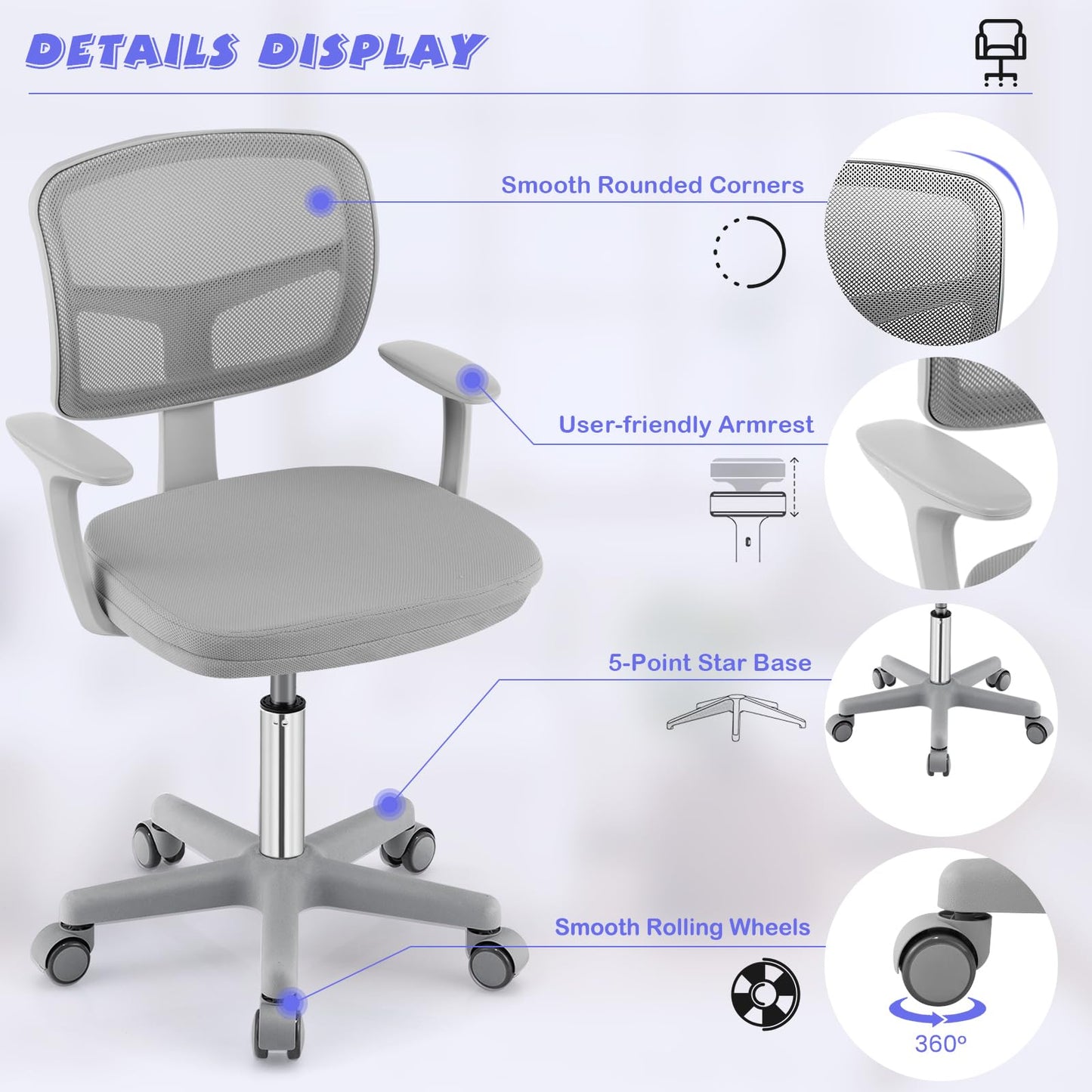 Costzon Kids Desk Chair, Adjustable Children Study Computer Chair with Arms & Wheels, Student Swivel Rolling Task Chair, Ergonomic Kids Office Chair for Boys Girls Age 4-12, Home Bedroom School, Grey