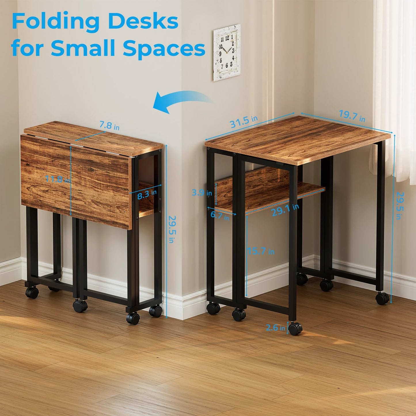 GreenForest Folding Desk with Wheels, 31.5 Inch Compact Rolling Computer Table with Storage Shelf, Portable Mobile Workstation for Small Spaces, Easy Assembly, Walnut