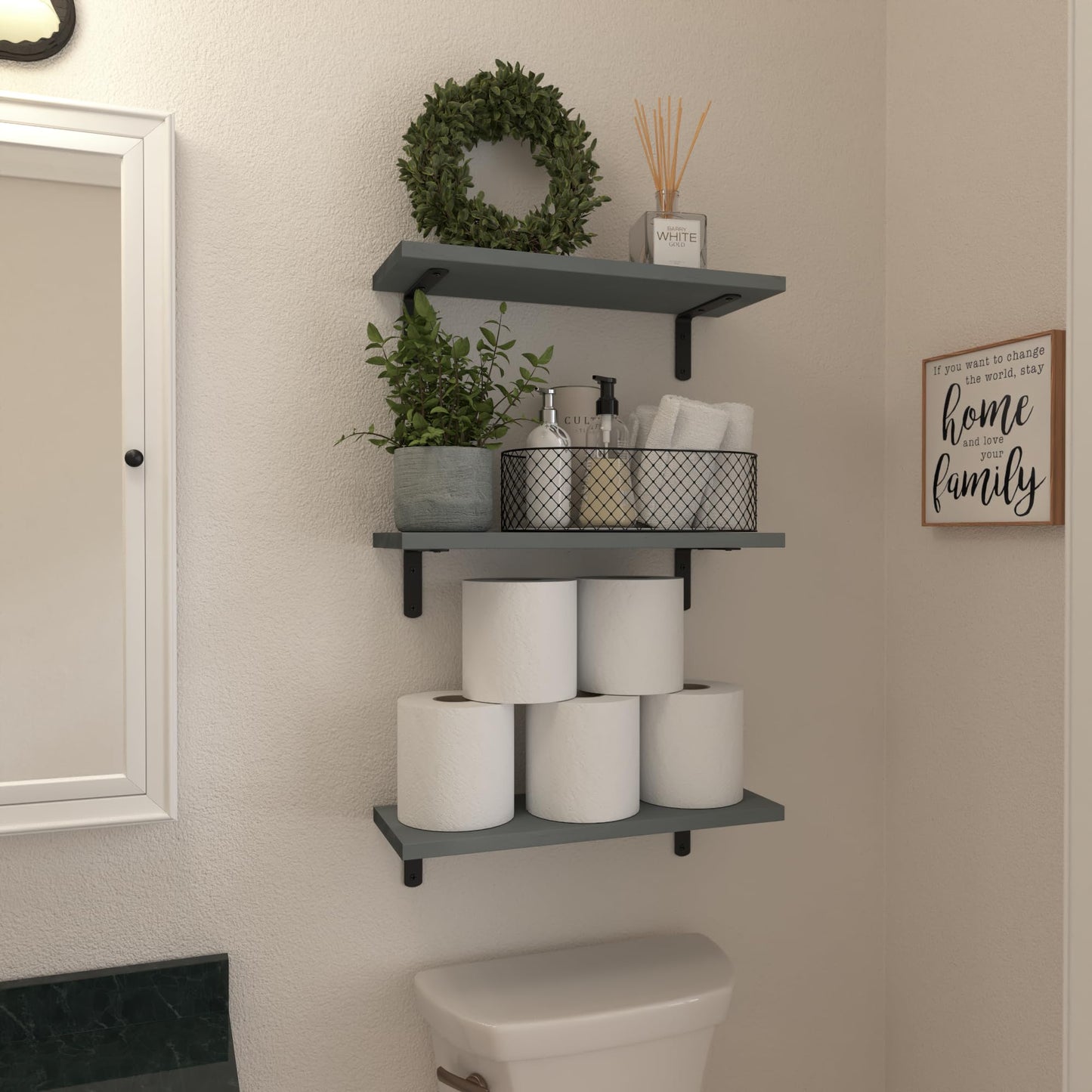 WOPITUES Wood Floating Shelves Set of 6, Shelves for Wall Decor, Farmhouse Shelf for Bedroom, Bathroom Storage Shelves, Book Shelves for Living Room-Grey