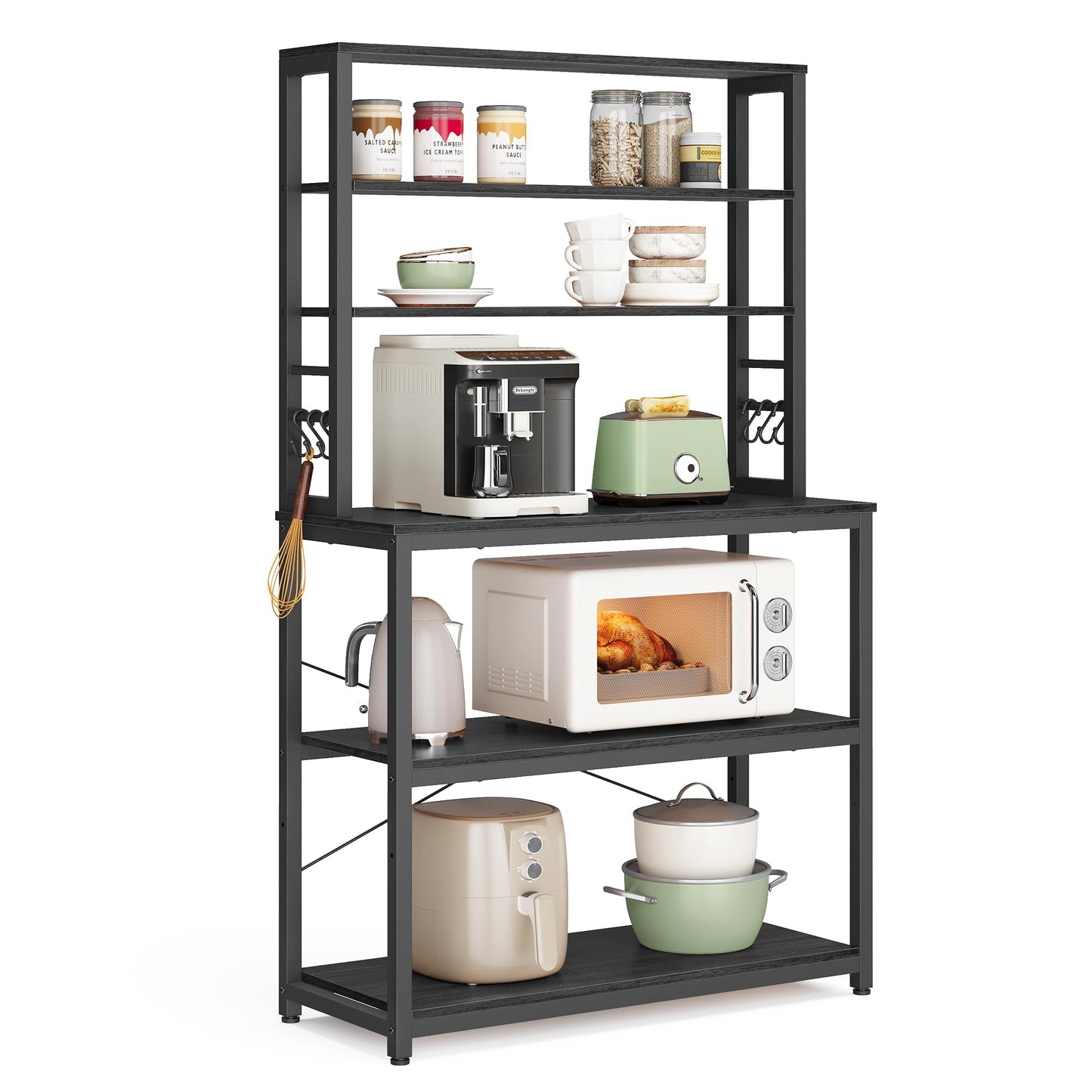 VASAGLE Coffee Bar, 31.5 Inches Baker's Rack for Kitchen with Storage, 6-Tier Kitchen Shelves with 6 Hooks, Microwave Stand, Industrial, Charcoal Gray and Ink Black UKKS019B22