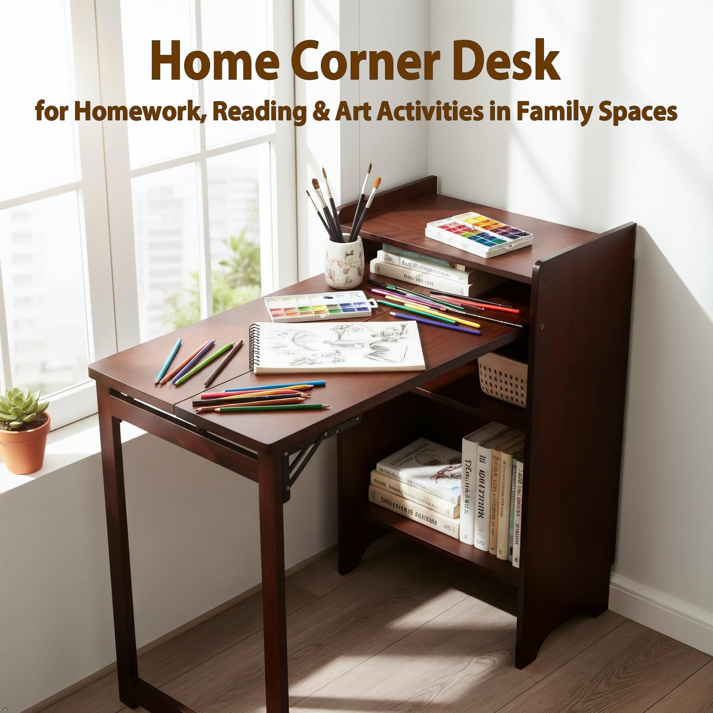 METALBEE Bamboo Folding Desk with Storage, Mid Century Fold Out Table, Space Saving Foldable Desk for Small Spaces, Multi-Functional Computer Desk for Home Office, Bedroom, Apartment & Dorm