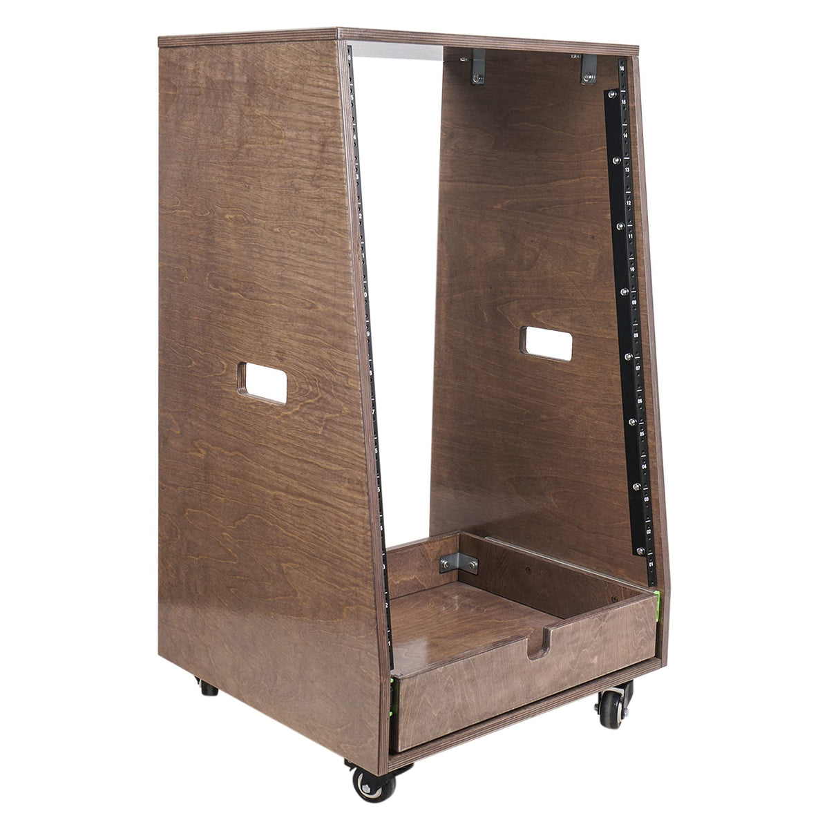 Sound Town 16U DIY Solid Baltic Birch Plywood Slanted Studio Rack with 16U Rack Space, Extra 2U Drawer, Rubber Feet, Casters, Weathered Brown (SDRK-16TBD2)