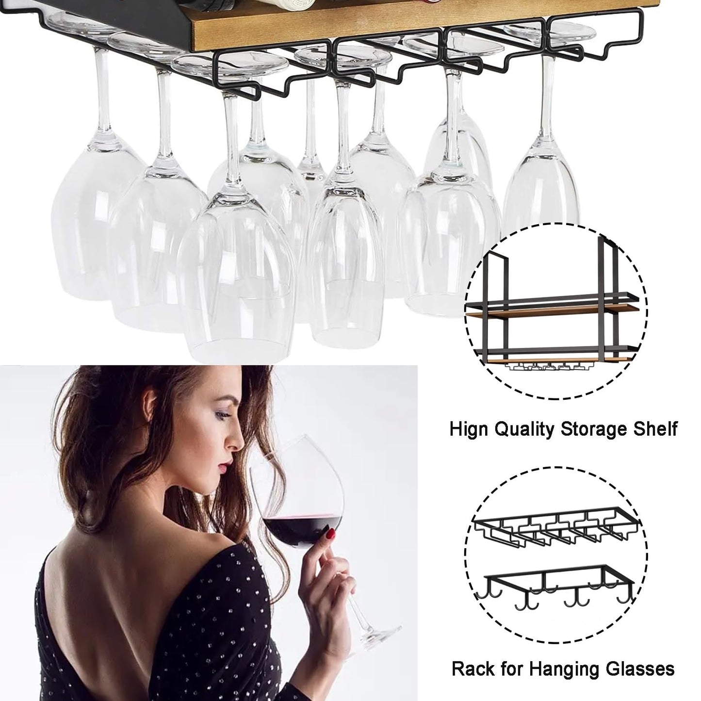 Tatitzro Ceiling Hanging Wine Bottle Holder, Metal Floating Glass Shelf Wall Mounted Wine Bottle Rack Shelves Decorative Plant Display Storage Shelf with Stemware Hanger, for Bar Cafe(60x30