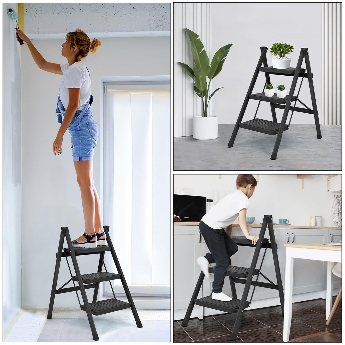 3 Step Ladder, Folding Step Stool for Adults, Lightweight Aluminum Step Ladder, Portable 330 LBS Capacity Ladders for Home Kitchen Library Office, Small Step Stools with Anti-Slip Wide Pedals