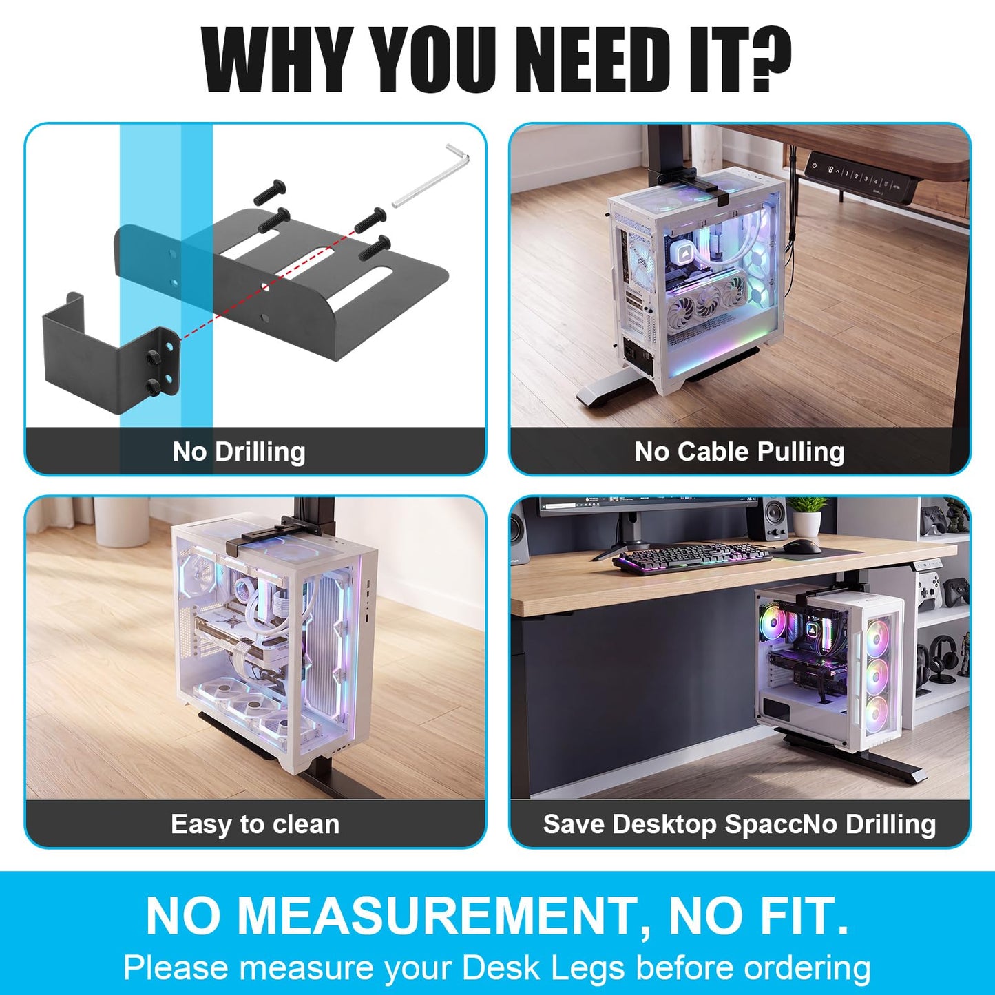 Otoolling Under Desk PC Mount Universal Clamp-on PC Under Desk Mount No Drilling Computer Tower Stand CPU Holder with Non-Slip Pads Suitable for 80mm x 50mm Table Legs, Up to 40lbs