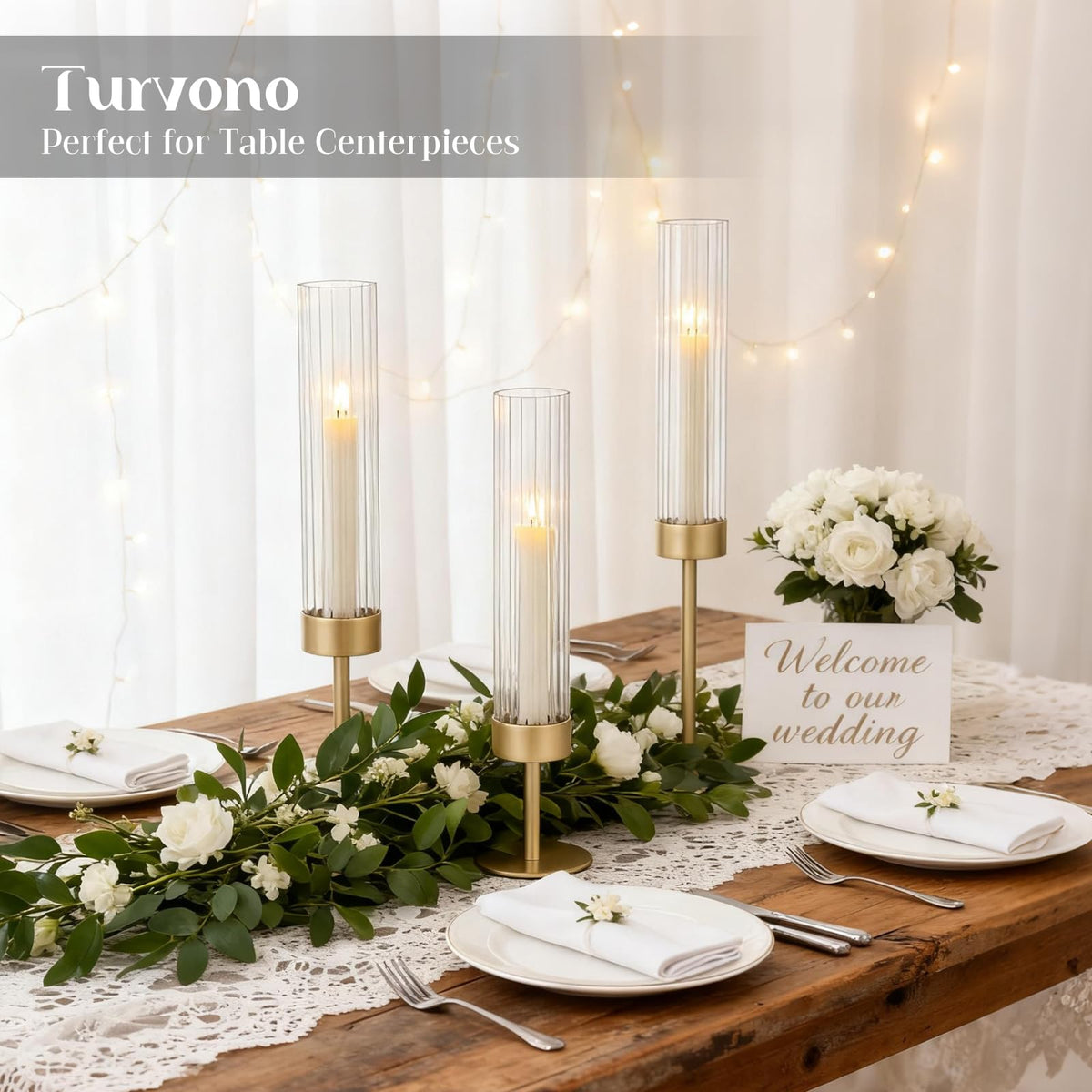 Turvono Gold Hurricane Candle Holders Set of 6, Brass Metal Candlestick Holders for Taper Candles, Modern Table Centerpiece Decor for Wedding, Party & Holiday Decorations