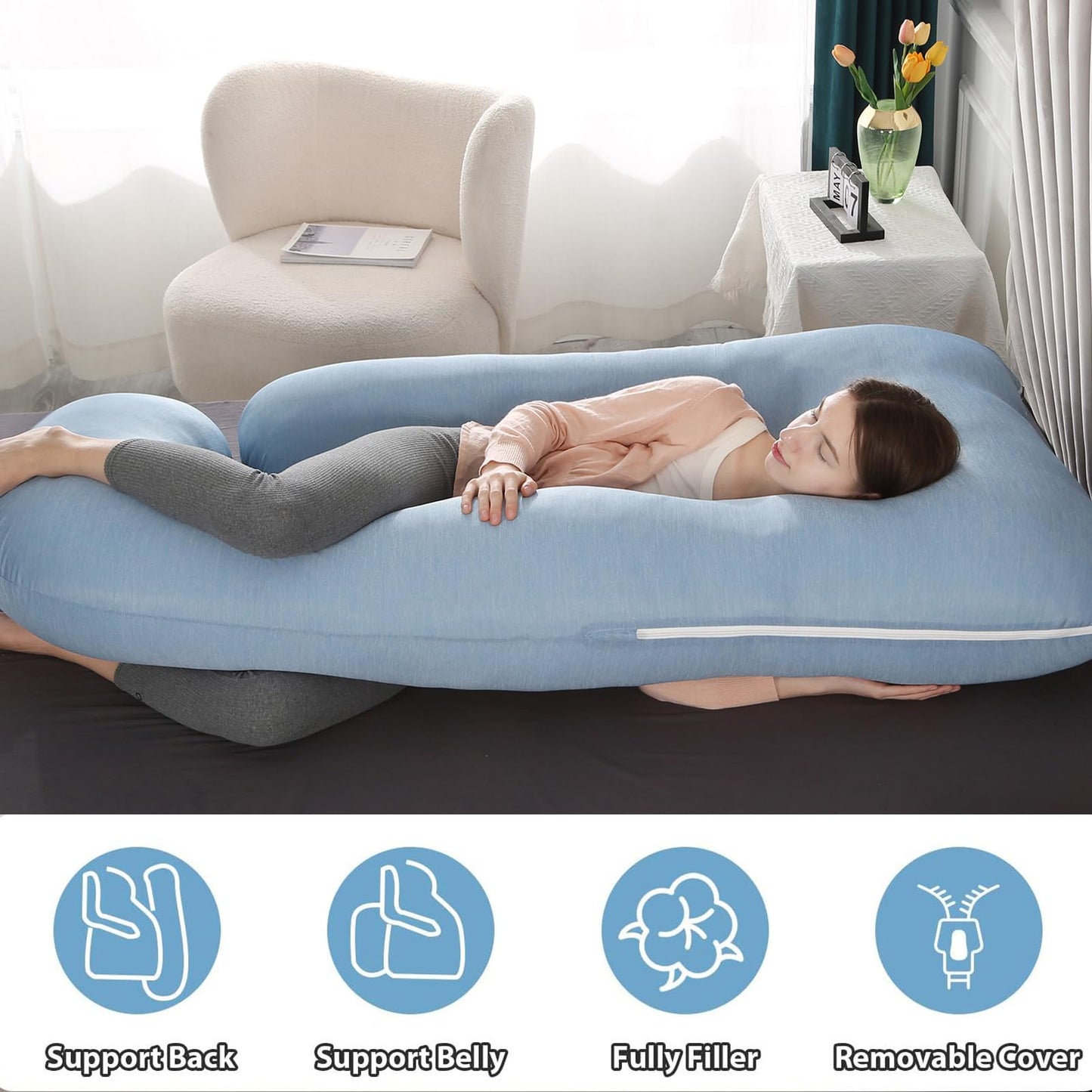 BATTOP Pregnancy Pillow for Sleeping,Maternity Pillow with Cooling Removable Cover,57 Inch Cooling Body Pillow,Support for Back,Hips,Legs,Belly,Pregnancy Must Haves