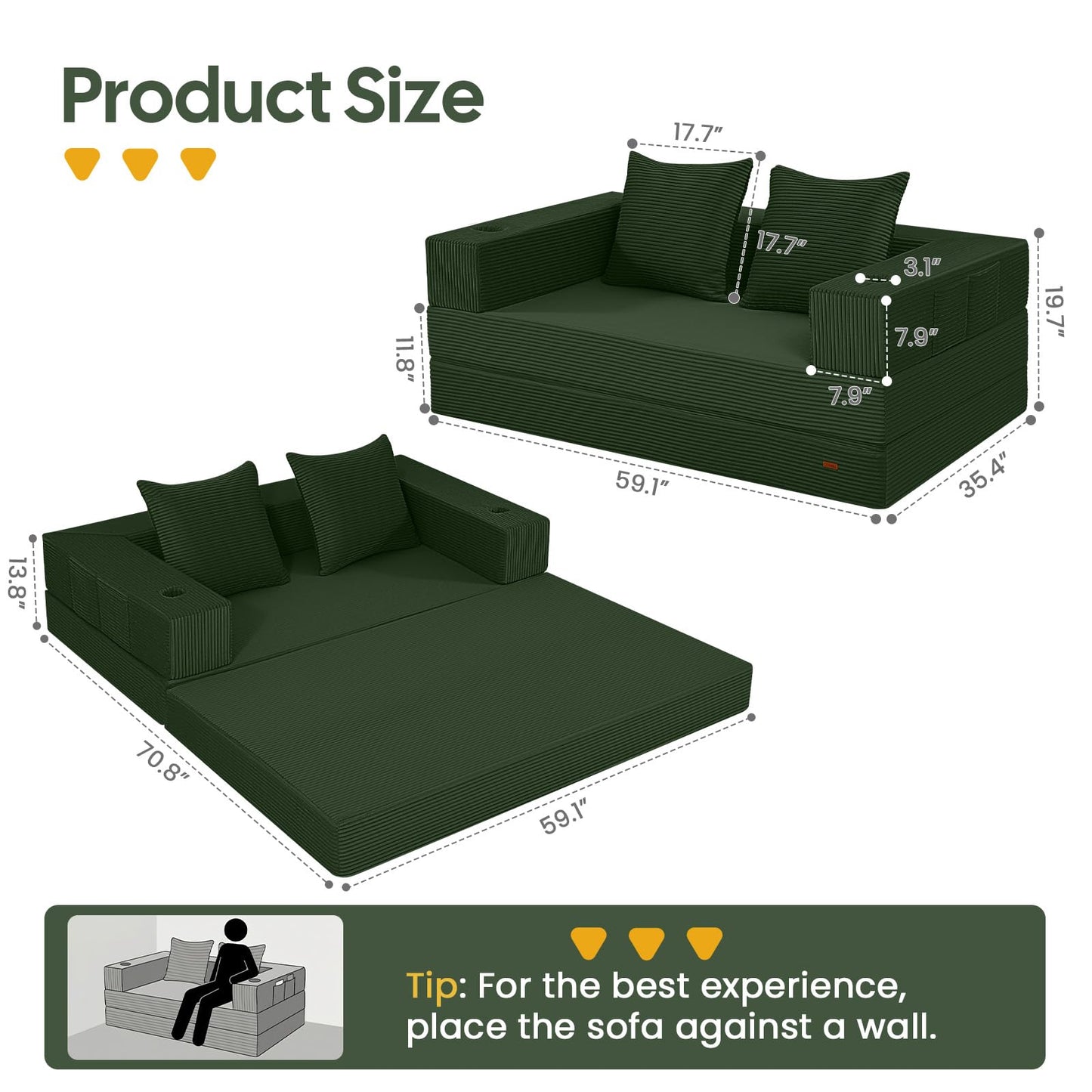 COMAX Futon Sofa Bed, 4‑in‑1 Convertible Sofa Bed, Folding Boneless Couches for Living Room, Fold Out Small Foldable Loveseat Floor Sleeper Comfy Mattress Lounge Space‑Saving, Green