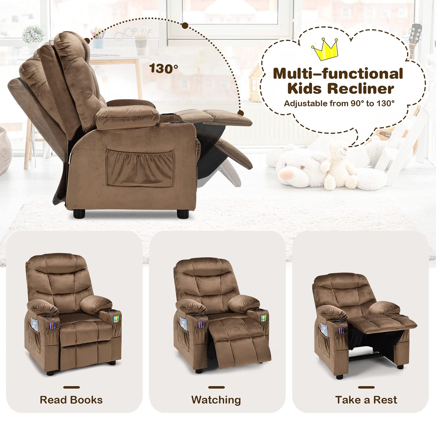 Costzon Kids Recliner Chair with Cup Holder, Adjustable Velvet Lounge Chair w/Footrest & Side Pockets for Children Boys Girls Room, Ergonomic Toddler Furniture Sofa, Kids Recliner (Brown)