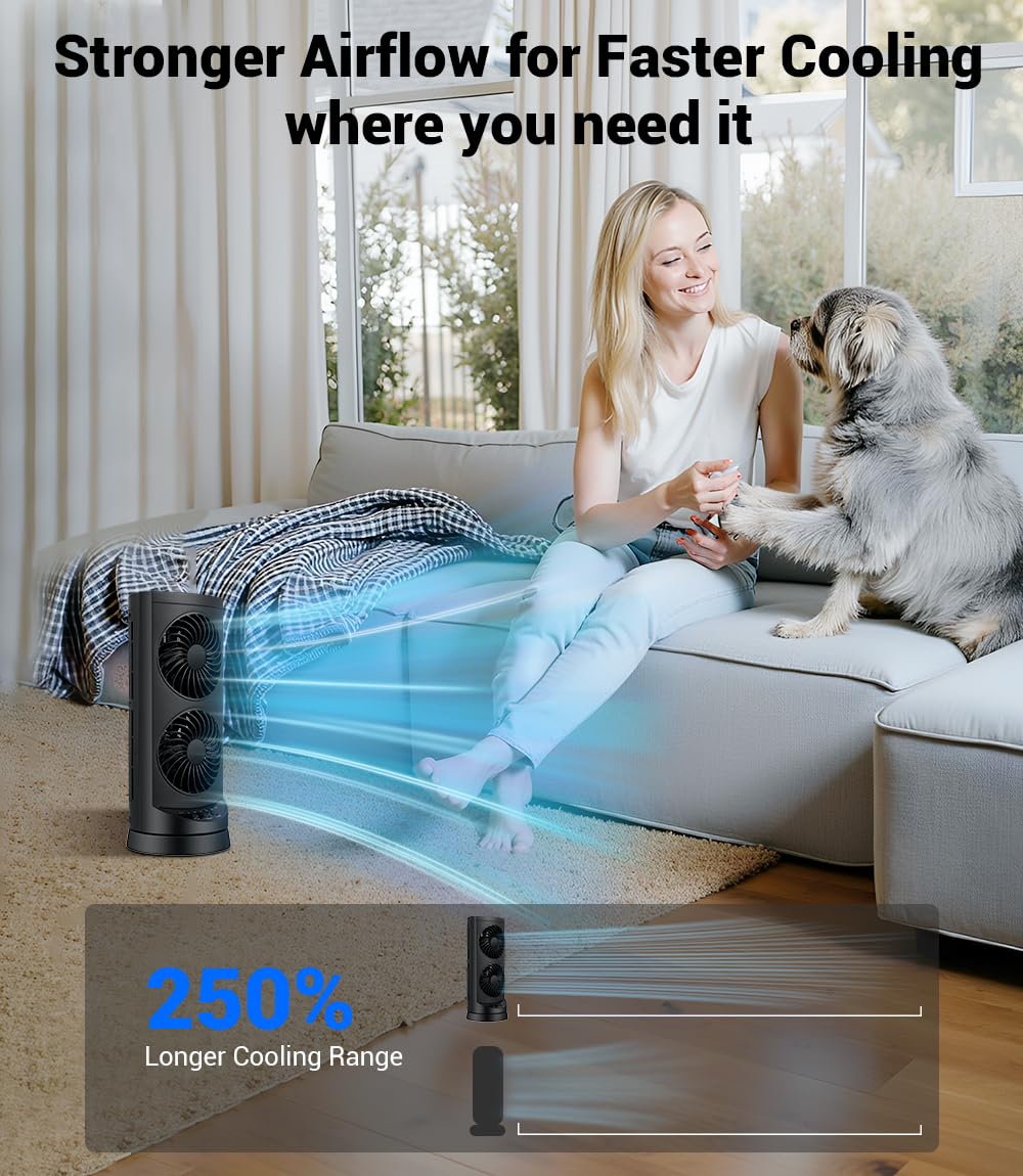 Personal Tower Fan for Bedroom, Portable Desk Table Fan，3 Speeds Cooling Standing Fan with 12H Timer, 60° & 110° Oscillating Floor Tower Fans That Blows Cold Air for Bedroom Office,Dark Grey