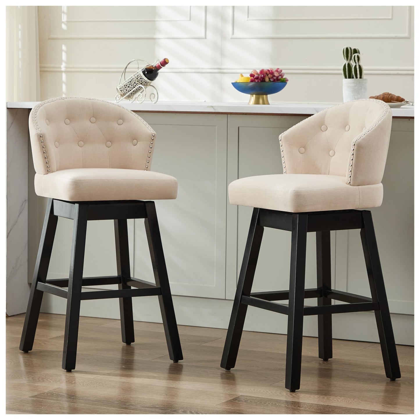 UDAX 29''Swivel Bar Stools Set of 2, Upholstered Barstools with Backs, Modern Counter Height Bar Stool Chairs for Kitchen Island, Wood Legs, Counter Stools