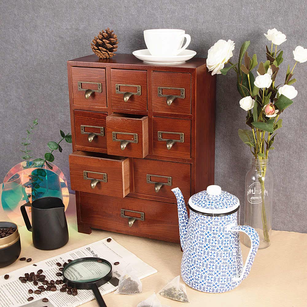 PACKGILO Apothecary Drawers Wooden Apothecary Cabinet with Drawers & Labels Rustic Library Card Catalog Cabinet Wooden Storage Box Desktop Organizer Herbal、Tea Bag、Jewelry Storage(Brown)