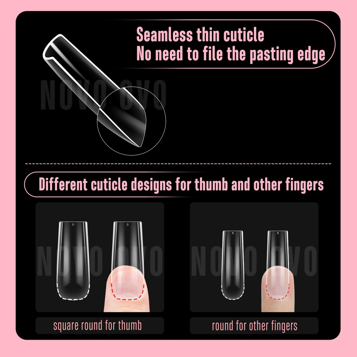 NOVO OVO Long Square Nail Tips SCULPTED (Not NATURAL) for Curved Nail Beds, Extra Thick L Length False Nails Press on, Full Cover Soft Gel Fake Nail Extension, Salon DIY x 15 Sizes 450 pcs