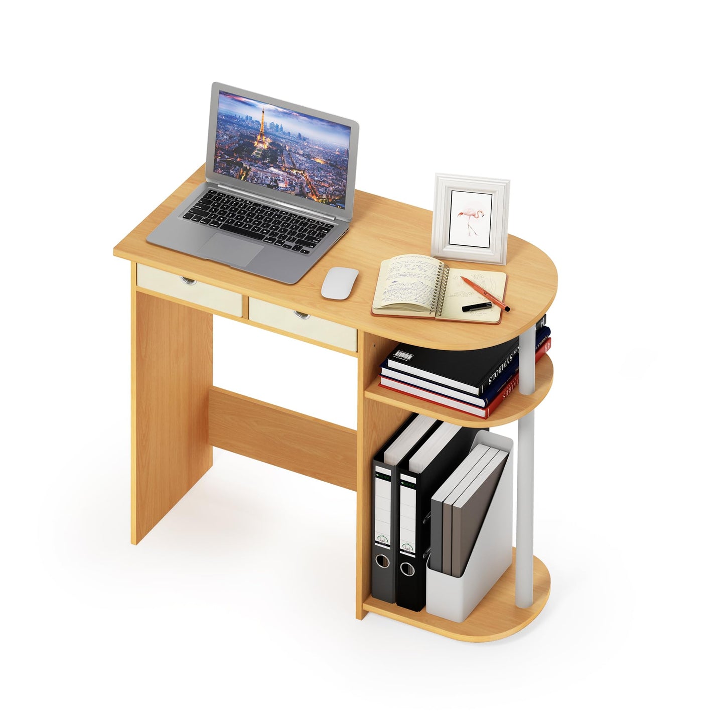 Furinno Go Green Desk, 31.5" Wide Gaming Desk with 2 Side Shelves and Storage Bins, Computer Desk, Office Desk for Home Office, Study Room, Dorm, Bedroom, Beech
