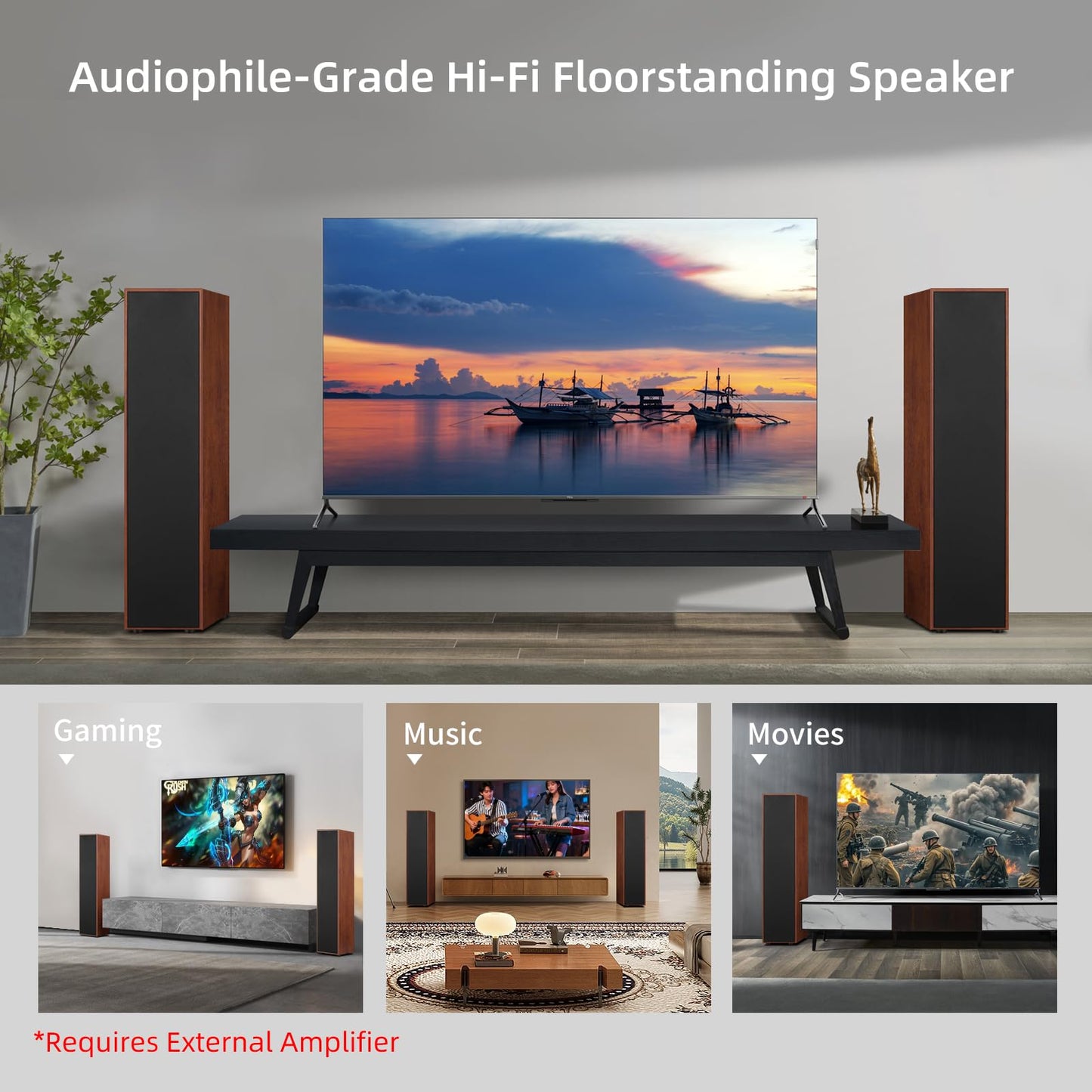 Elimavi Passive Floorstanding Stereo Speakers, Tower Design with 1" Tweeter and 6.5" Woofer, Two-Way System, 4-Ohm Impedance, 120W RMS, Sturdy MDF Cabinet, Ideal for Home Theater Systems, Brown